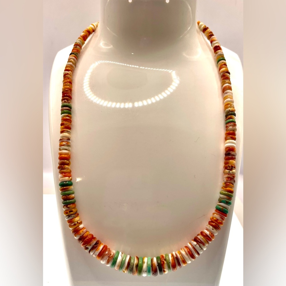 Vintage Spiny Oyster Shell Heishi Necklace Turquoise Beads Southwestern Boho - Picture 3 of 8
